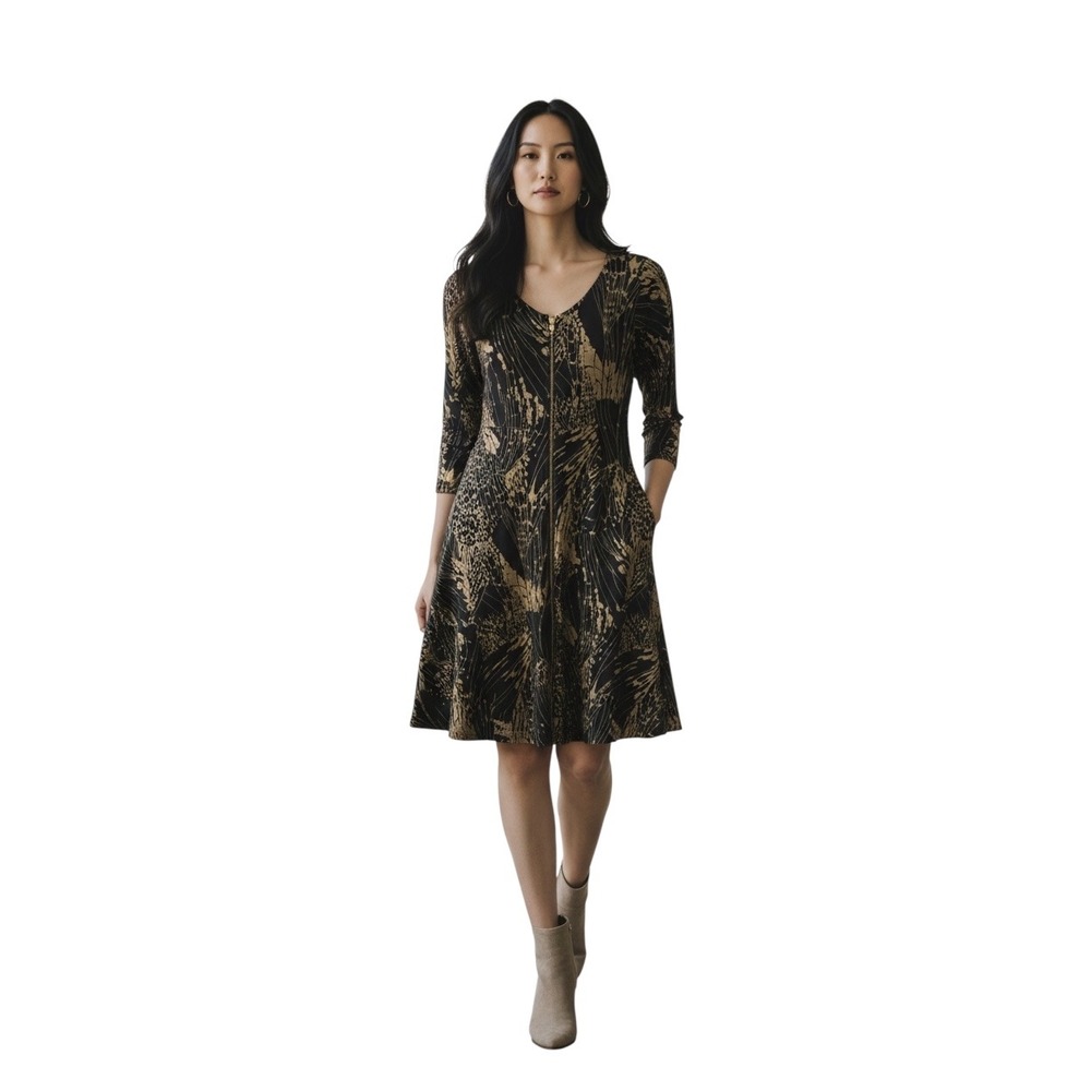 Bel Kazan Black Gold Abstract Print Zip Front Fit Flare Dress Pockets Medium